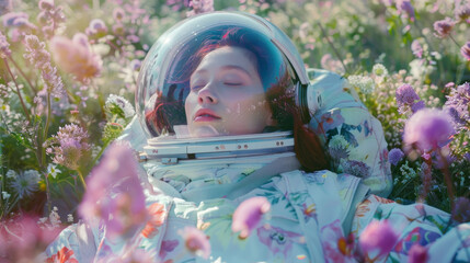 The astronaut appears in a serene moment, with the sunlight softly illuminating the surrounding flowers