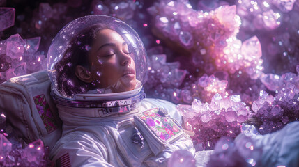 An astronaut sits peacefully among vivid amethyst crystals, symbolizing a moment of calmness and clarity