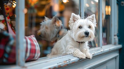 West highland terrier against shop window with sale display