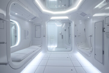 Obraz premium futuristic clean white space station style interior of bedroom. Neural network generated image. Not based on any actual scene or pattern.