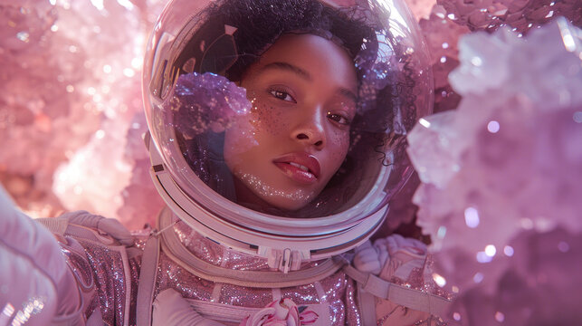 A female astronaut's portrait set against a sparkling cosmic background evokes deep space dreams