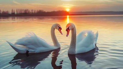 Tuinposter White swans floating on lake during sunset © Robert