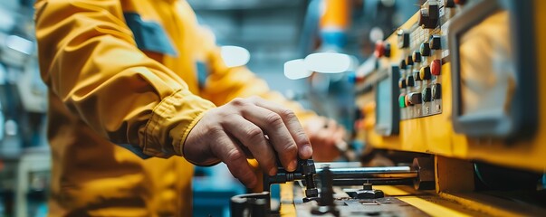 Detailed Focus, Worker's Hands Operating Machinery Amidst Manufacturing Job Economic Reports 