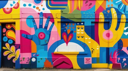 Na obrazie widać kolorowy budynek, na którego boku namalowana jest duża ręka, która przyciąga spojrzenia. Mural jest wyrazem ulicznej miłości do sztuki i kreatywności. - obrazy, fototapety, plakaty
