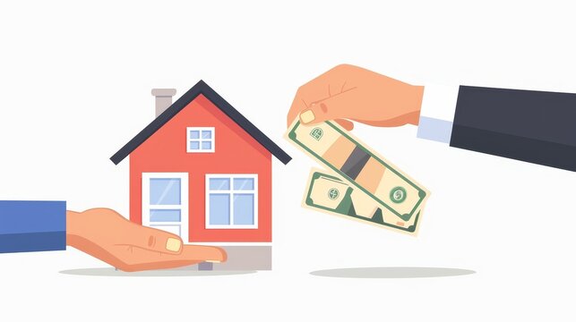 Buying and selling house, paying with money. Real estate, property purchase, payment concept. Buyer and new owners giving cash for home. Flat modern illustration isolated on white.