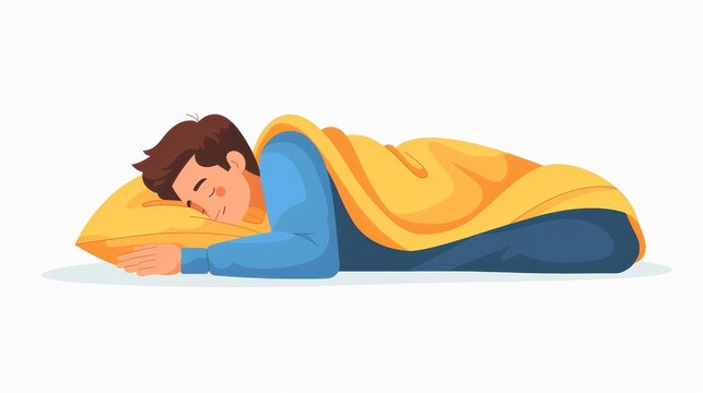 Young Man Asleep, Relaxing On Pillow. Sweet Dream, Repose, Slumber. Isolated Modern Illustration Against White Background. Sleeper Lying In Side Position Under Blanket. Young Guy Asleep, Relaxing On