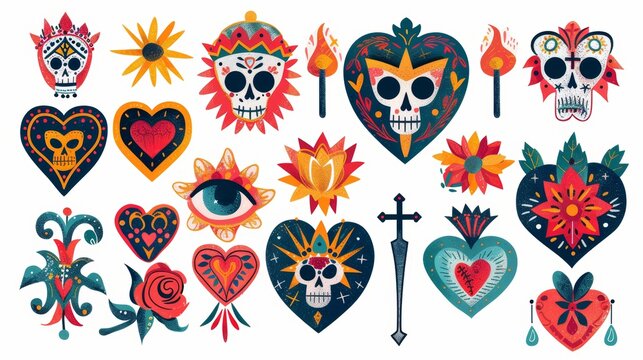 Modern illustrations of sacred Mexican hearts. Flame, flowers, crown, eye, dagger, eye, fire and flame symbols. Valentine decorations. Flat modern illustrations on a white background.
