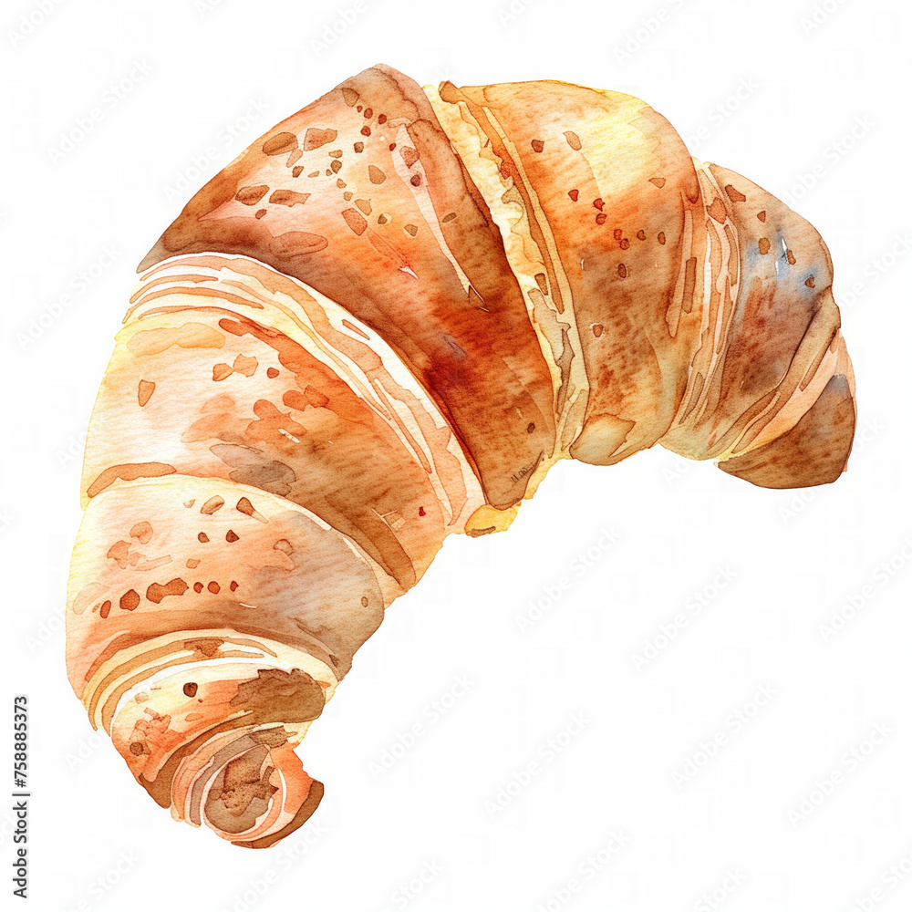 Wall mural Watercolor illustration of a freshly baked croissant with golden-brown crust, ideal for culinary blog or bakery menu design with ample white space for text