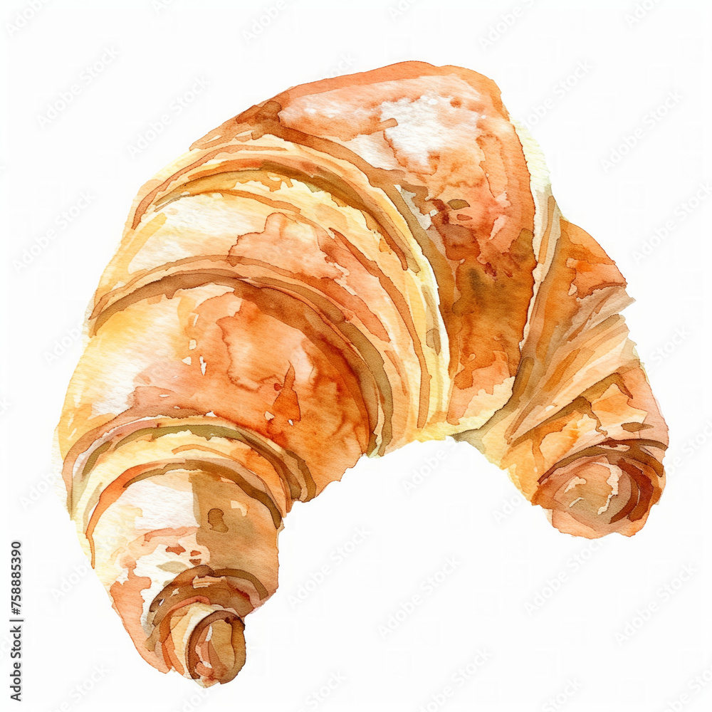 Canvas Prints Watercolor illustration of a freshly baked croissant, ideal for bakery-related designs or culinary content, with ample space for text on a white background