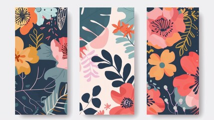 Modern spring and summer flora. Bright blossoms, vertical decorative cards for pages. Botanical bookmarks set. - obrazy, fototapety, plakaty