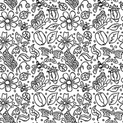 Spring floral pattern with butterflies, bees and ladybugs. Seamless flowers background