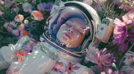 Astronaut in vivid attire sits surrounded by a sunlit floral garden, portraying a serene, surreal moment