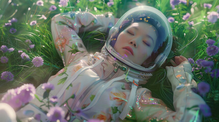 A vibrant depiction of an astronaut laying down in a sea of violet flowers under the sunlight