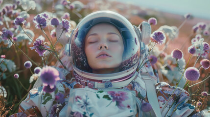 An astronaut's face is shown in gentle sunlight, surrounded by flowers, suggesting a peaceful coexistence