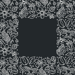 Spring floral frame with butterflies, bees and ladybugs. Seamless flowers background