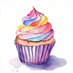 Watercolor illustration of a vibrant, rainbow-swirled cupcake with ample space for text, ideal for birthday or celebration-themed designs