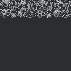 Spring floral frame with butterflies, bees and ladybugs. Seamless flowers background