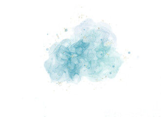 Abstract sky blue llustration draw on white background. watercolor background or elegant card design with abstract sky blue ink waves and golden splashes on a white.