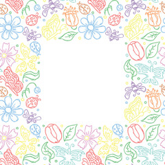 Spring floral frame with butterflies, bees and ladybugs. Seamless flowers background