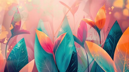 Obrazy na Plexi  Tęczowe liście na różowym tle. Liście różnią się intensywnością kolorów i kształtem. Kompozycja skupia uwagę na detalicznej stylizacji liści na tle pastelowych odcieni.