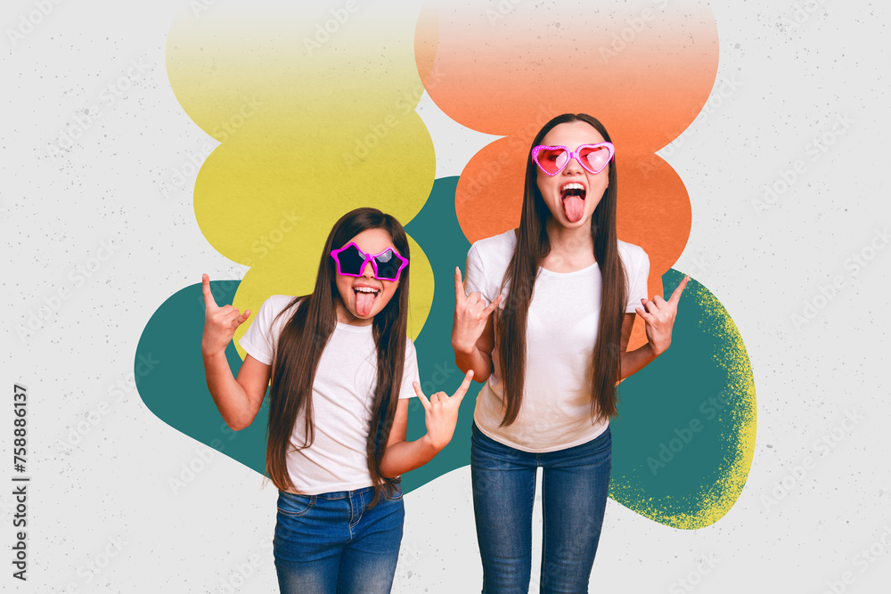 Poster Composite trend artwork sketch 3D photo collage of mother daughter tongue funny glasses show hand gesture rock roll horns heavy metal