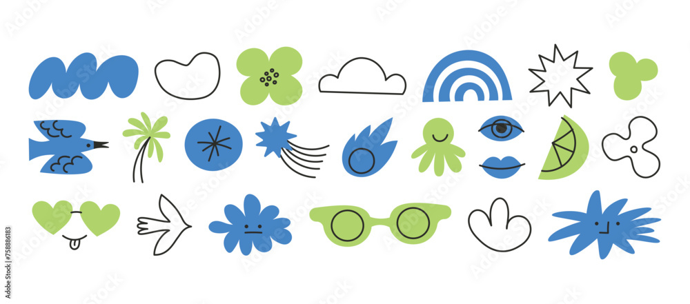 Poster Vector set of stickers, scribbles and doodles in simple linear hand drawn style with copy space, minimal monoline design elements for posters, social media, print, banners
