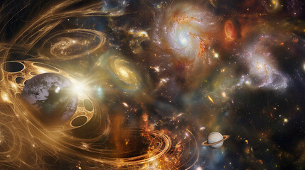 The artwork is a print of galaxies, planets and cosmic energies converging towards a sparkling celestial core. Image that can be printed on t-shirts, paintings, hats and bags.