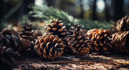 a group of pine cones sitting on top of a forest floor covered in pine needles and needles, with pine needles on the ground - Powered by Adobe