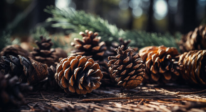 a group of pine cones sitting on top of a forest floor covered in pine needles and needles, with pine needles on the ground