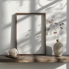 wooden frame on a table, simple white room, nature vibes for a mock up. ai generated