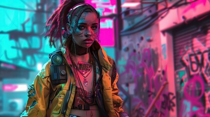 Wytatuowana młoda kobieta o dredach ubrana w cyberpunkowy styl spaceruje w centrum miasta, w tle widoczna brutalistyczna architektura ulicy.