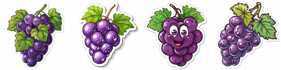 Set of  Four variations of cartoon grape bunch stickers with vibrant purple hues, ideal for educational materials, children's content, or graphic design with space for text on a clean background