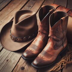 An iconic scene of the Wild West featuring a vintage cowboy hat and a weathered pair of leather boots resting on a rustic wooden floor