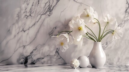 Białe wazy z kwiatami umieszczone na eleganckiej powierzchni marmurowej, obrazujące wiosnę i delikatność. - obrazy, fototapety, plakaty