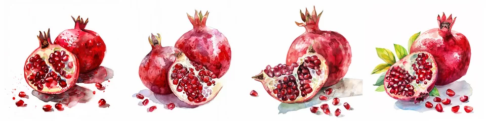Foto op Canvas Collection of vibrant watercolor illustration of fresh, ripe pomegranate with one sliced piece, suitable for culinary themes, recipe backgrounds, or healthy eating concepts © fotogurmespb