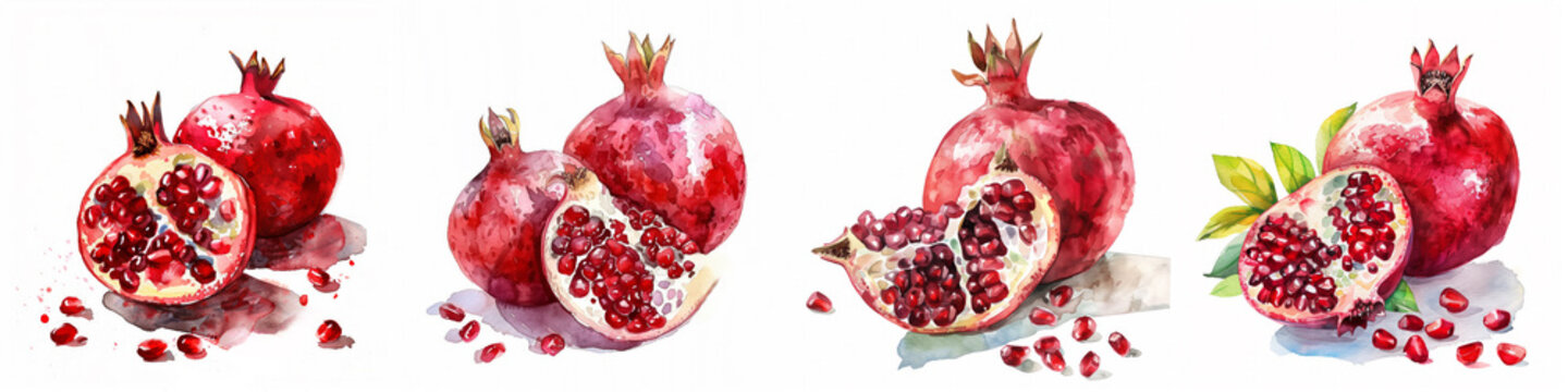 Collection of vibrant watercolor illustration of fresh, ripe pomegranate with one sliced piece, suitable for culinary themes, recipe backgrounds, or healthy eating concepts