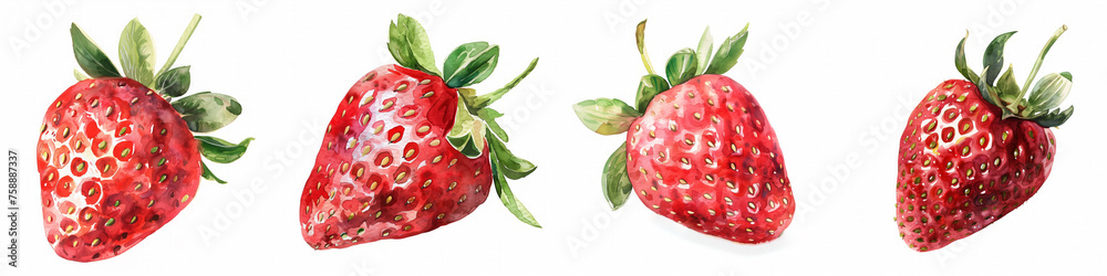 Canvas Prints Collection ofwatercolor illustrations of ripe strawberries, isolated on a white background, suitable for culinary themes, recipe decorations, and summer designs with copy space