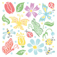 Fototapeta na wymiar Spring floral illustration with flowers, butterflies, bees and ladybugs. Doodle flowers background