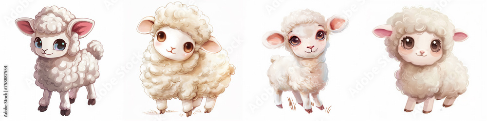 Sticker Set of four adorable cartoon sheep illustrations with varied cute expressions, ideal for children's content or Easter, against a clean white background with space for text