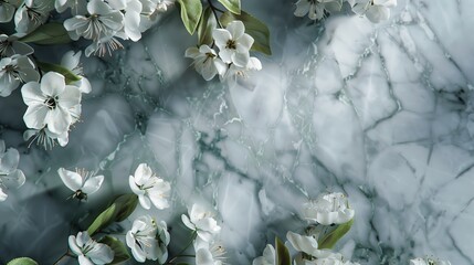 Na marmurowej powierzchni wiosną znajduje się biały kwiat. Kwiaty są delikatne i kontrastują z połyskującym marmurem, tworząc elegancki obraz. - obrazy, fototapety, plakaty