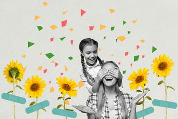 Creative trend collage of cute happy mom daughter cover eyes surprise have fun celebrate mother day postcard weird freak bizarre unusual