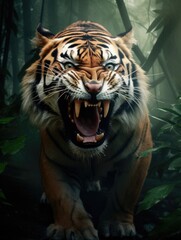 Obraz premium Fierce tiger roaring in a misty jungle