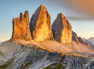 The early morning sun casts a warm, golden glow over the rugged peaks of Tre Cime di Lavared - obrazy, fototapety, plakaty