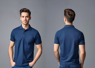 Front and back views of a man wearing a blue polo shirt mockup template
