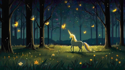 unicorn horse in white color wondering in the forest under the lake with dark blue sky in the front...