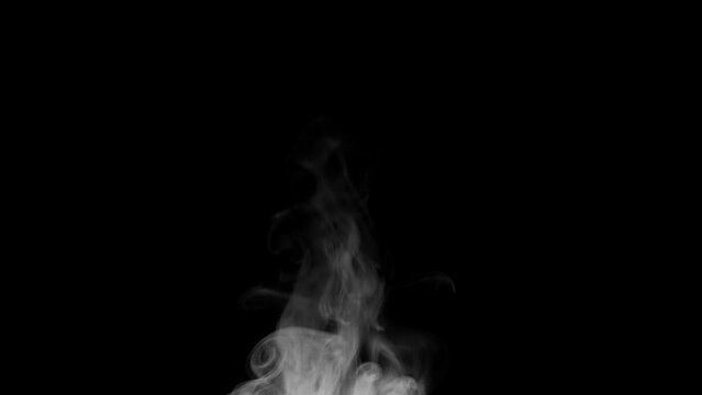 Trickle of Steam Slowly Rising from the Cup. White steam rises light, graceful twists on a black background. Slow motion. Footage is perfect for the layer with different blending modes.