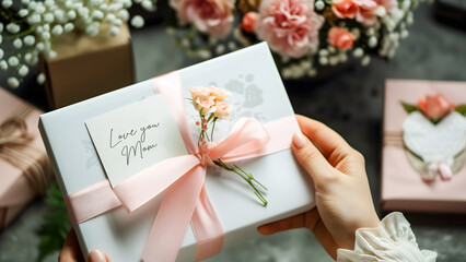 Happy Mother's Day gift box with a letter and flowers. Mother receiving present or gift, Mother's day background
