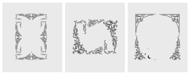 Hand drawn vector abstract outline,graphic,line vintage baroque ornament floral frame in calligraphic elegant modern style.Baroque floral vintage outline design concept.Vector antique frame isolated. - 758888397