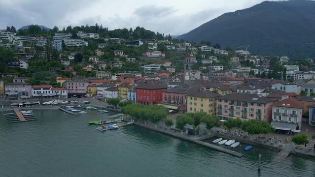 Aerial view of the shore of lago maggiore and promenade of Ascona in Switzerland