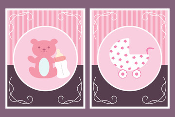 Template cards with baby carriage and teddy bear for girl. For baby shower or greeting card. Vector illustration